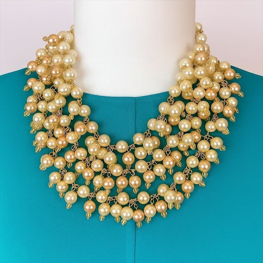 Stella & Dot Grace Pearl Stacked Two Toned Cluster Statement Necklace
